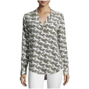 Equipment Keira Silk Horse Print Blouse Small Army Green White